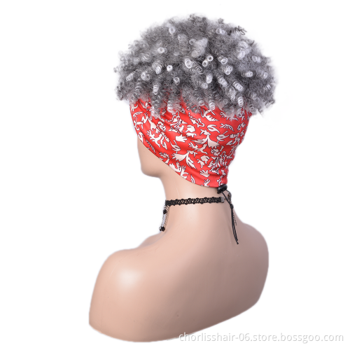 New Arrival Cheap Grey Short Fluffy Kinky Curly Turban Wig Heat Resistant Afro Headband Wigs Synthetic Hair Wigs For Black Women
